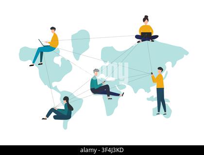 People on world map using gadgets to communicate online, white background. Vector illustration in flat style Stock Vector