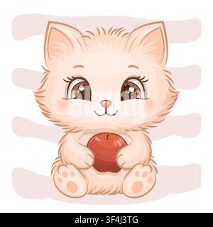 Cute cartoon cat with red apple. Vector illustration of animal on white background with stripes. Stock Vector