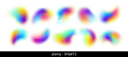 Set of abstract gradient flow vector elements with ribbed glass texture. Iridescent rainbow blobs with blurred edges and subtle vertical stripe Stock Vector