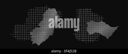 Set of torn metal steel grid vector elements on black background. Silver mesh fragments with ripped edges, grunge texture, strips, frames, and rough Stock Vector