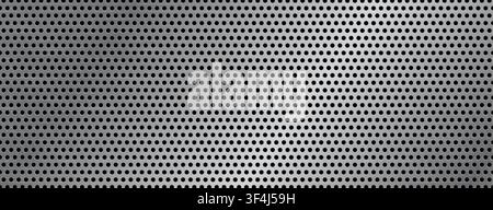 Silver perforated metal grid vector background with regular circular holes. Smooth steel plate texture with dark edges and realistic metallic shine Stock Vector