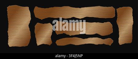 Gold torn mesh vector collection with bronze metal grid texture. Rough ripped fragments, cracked pieces, strips, and frame shapes on black background Stock Vector