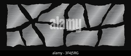 Set of gray metal mesh vector elements with torn edges and ripped texture. Steel grid fragments, strips, patches, and frames isolated on black Stock Vector