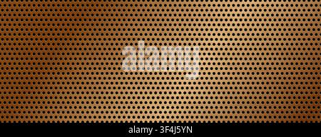 Copper bronze perforated steel grid vector background. Regular black circular holes, warm metal texture, dark edges, and soft golden center light Stock Vector