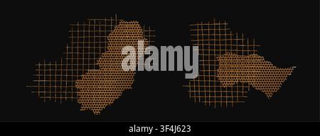 Metal torn bronze steel grid vector set with golden texture. Ripped mesh shapes, rough patches, broken strips, and distressed details on black Stock Vector