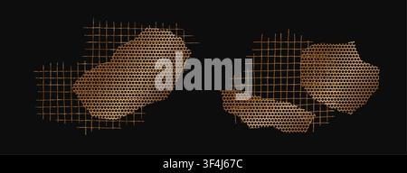 Gold torn steel mesh vector collection on dark black background. Bronze metal grid pieces with ripped edges, distressed texture, and rough fragments Stock Vector