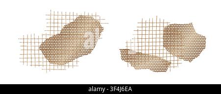 Metal torn bronze grid vector set with golden mesh texture on white background. Rough ripped fragments, cracked pieces, strips, and frame elements Stock Vector