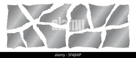 Set of silver metal grid vector elements with torn rough edges. Steel mesh patches, ripped strips, frame shapes, and grunge texture on white Stock Vector