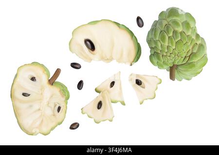 Sugar apple or custard apple isolated on white background . Exotic tropical annona or cherimoya fruit. Top view Stock Photo