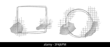 Set of silver steel mesh vector shapes with torn ripped edges. Distressed metal grid fragments, strips, patches, and rough texture on white background Stock Vector