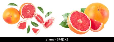 Grapefruit and slices with leaves isolated on white background. Top view. Flat lay. With clipping path and full depth of field Stock Photo