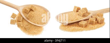 Pile of brown granulated sugar and sugar cubes in wooden spoon isolated on white background. Top view, flat lay Stock Photo