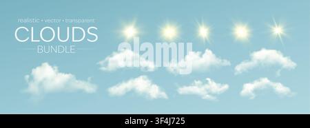 Realistic clouds bundle vector cover on a blue sky background. Soft white fluffy clouds and bright sun flares create a clean dreamy weather element Stock Vector