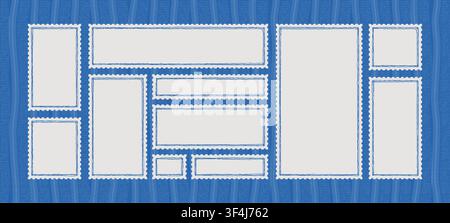 Blue post stamp border set vector with perforated white frames and subtle patterned background. Assorted postage templates create a bold vintage Stock Vector
