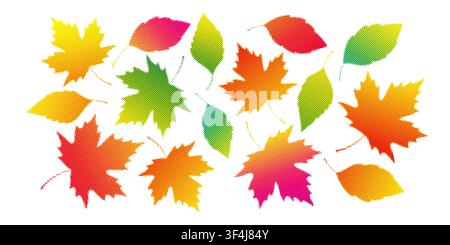 Fall leaf set vector on white background with colorful dotted texture. Bright maple and oval leaves in yellow, orange, green, red, and pink autumn Stock Vector