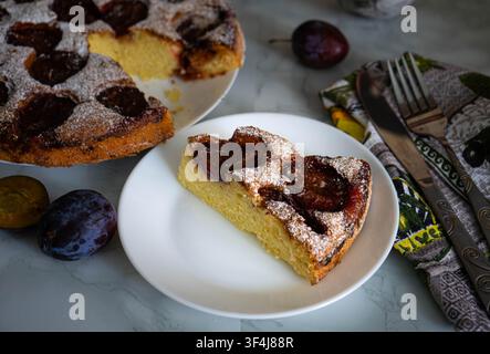 Slice of homemade plum cake topped with fresh baked plums and powdered sugar served on a white plate. Delicious seasonal dessert. Stock Photo