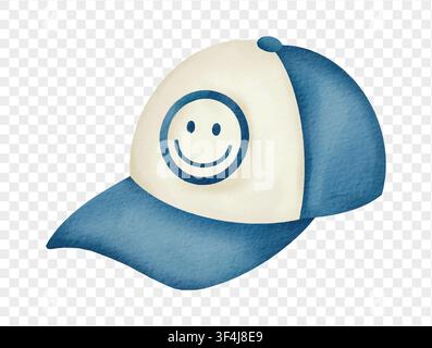 Watercolor illustration of baseball cap with smile face design. Vector. Stock Vector