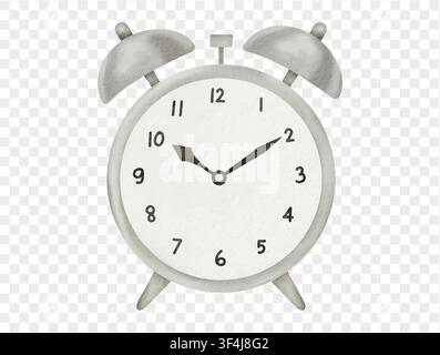 Classic silver desk alarm clock in watercolor style. Vector. Stock Vector