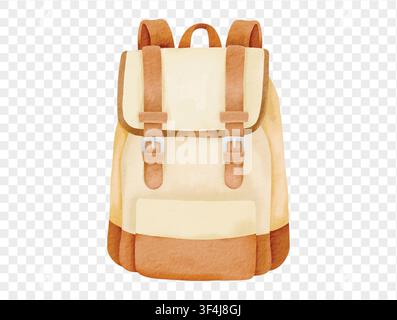 Watercolor brown and beige backpack in isolated style. vector. Stock Vector