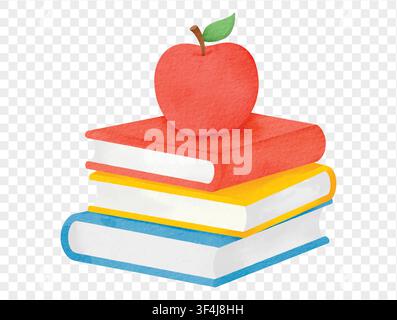 Watercolor red apple on stack of colorful school books isolated Vector. Stock Vector