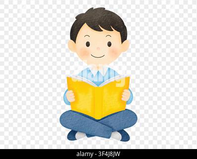 Watercolor boy reading book for school learning and children education vector. Stock Vector