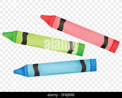 Watercolor colorful crayons set for school kids drawing isolated Vector. Stock Vector