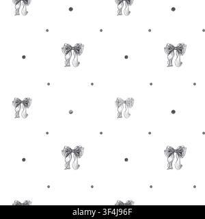 Vintage organza ribbon bow seamless pattern with delicate polka dot. Hand drawn black charcoal knot bead texture illustration background. Detailed mon Stock Photo