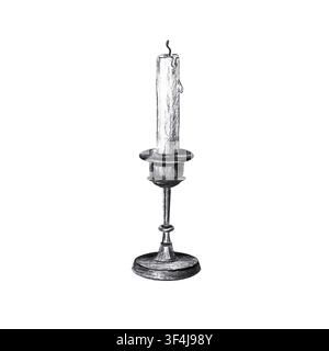 Vintage candle in candlestick holder. Hand drawn black charcoal antique wax candle illustration isolated on. Realistic detailed monochrome drawing for Stock Photo
