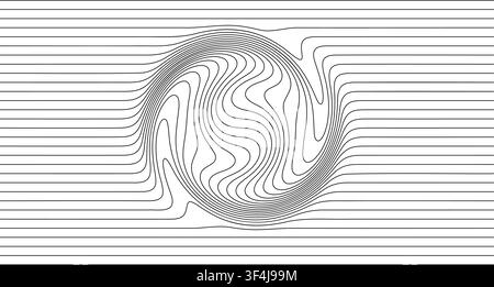 Abstract black contour lines on a white background form a distorted circular swirl, creating a clean optical effect with movement, balance, and modern Stock Vector