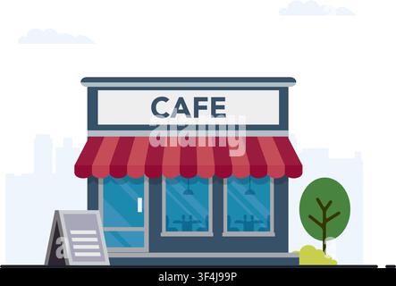 a simple flat vector graphic showing a city coffee shop building exterior with windows, a tree, and a sidewalk sign. Stock Vector