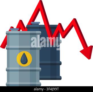 vector illustration of fuel containers with a descending graph arrow representing drops in global commodity value Stock Vector