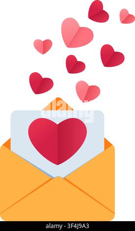 An open mail envelope releases paper hearts. This graphic suits cards, invitations, messages, and romantic projects. Stock Vector