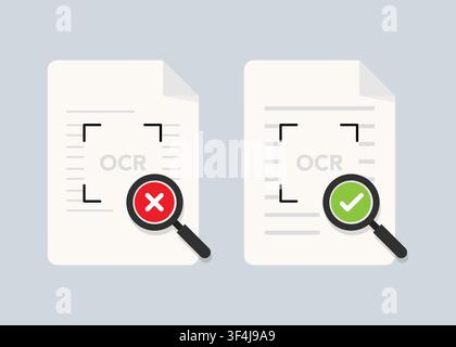 a comparison of ocr document scanning showing checkmark success and cross error status with a magnifying glass tool Stock Vector
