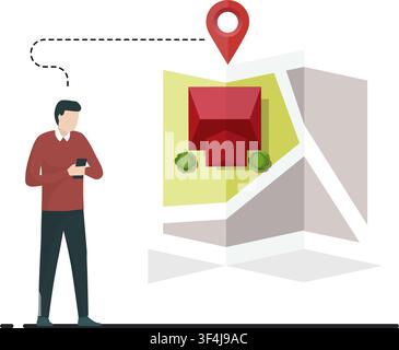 a person checks the location of a house building on a paper map screen using a mobile phone application device. Stock Vector
