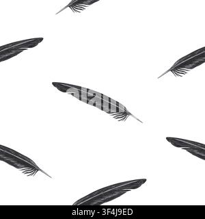 Vintage black feather seamless pattern with raven plume texture. Hand drawn charcoal quill bird wing element illustration background. Realistic detail Stock Photo