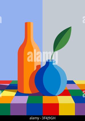 Modern still life painting featuring a bright orange bottle and blue vase on colorful checkered table Stock Vector