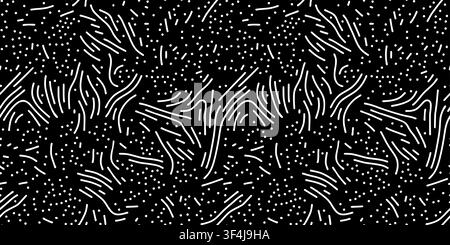 Seamless abstract Turing pattern vector on black background. White curved strokes and scattered dots create an organic coral inspired texture Stock Vector