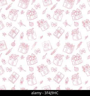 Seamless Christmas pattern with hand drawn gift boxes, bows, ornaments, candles, holly and evergreen branches Stock Vector