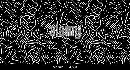Seamless organic contour pattern vector on black background. White winding lines and tiny dots create an abstract Turing coral texture Stock Vector
