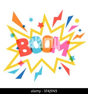 Vector boom pop art typography. Overlapping colorful alphabet shapes, sparkles, lightning flash speech bubble illustration. Creative pop art concept f Stock Vector