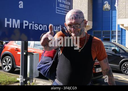 File photo dated 10/09/24 of Jason Hoganson seen outside HM Prison Durham. The former film actor who was one of hundreds of prisoners released early in a bid to cut jail overcrowding died from natural causes and drug use, a coroner has found. Heavily-tattooed Hoganson was photographed raising a thumb as he was released from HMP Durham in September 2024, having served half of an 18-month jail sentence for assaulting his ex-partner and breaching a restraining order. Newcastle Coroner's Court was told that Hoganson, 55, was found dead at his accommodation on April 4. Issue date: Wednesday July 29 Stock Photo