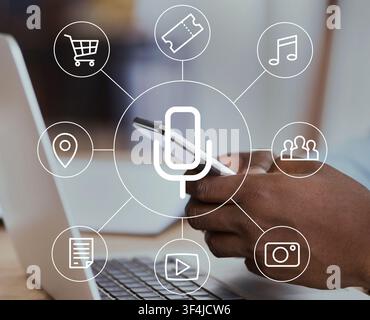 Man Using Voice Assistant On Smartphone Sitting In Office, Closeup Stock Photo