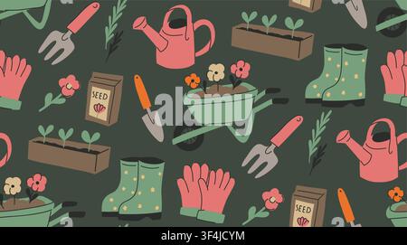 Vector seamless gardening pattern in naive style on a dark background. Texture with boots, gloves, seeds, and plants for wallpaper and fabric. Hobbies Stock Vector