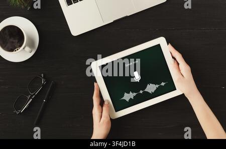 Woman Using Voice Assistant On Tablet Working In Office, Above-View Stock Photo