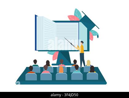 Lecturer pointing to computer screen with notebook in front of students on white background, flat vector illustration Stock Vector