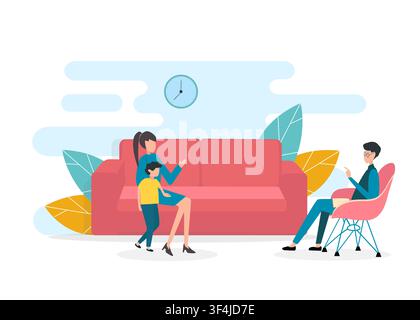 Mother and kid on visit to child psychologist on white background, vector illustration in flat style Stock Vector