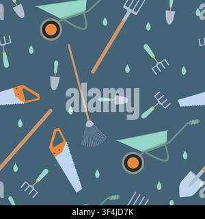 Various gardening instruments on dark blue background, vector seamless pattern. Fabric, wallpaper, wrapping paper design Stock Vector
