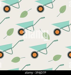 Wheelbarrows and green leaves on light background, vector seamless pattern. Gardening tools repeat backdrop Stock Vector