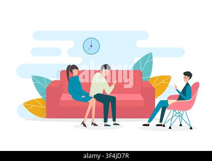 Couple having relationship problems, visiting family psychologist on white background, vector illustration in flat style Stock Vector