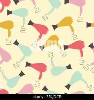 Hairdryers on beige background, vector seamless pattern. Hairdresser equipment repeat backdrop. Textile design idea Stock Vector